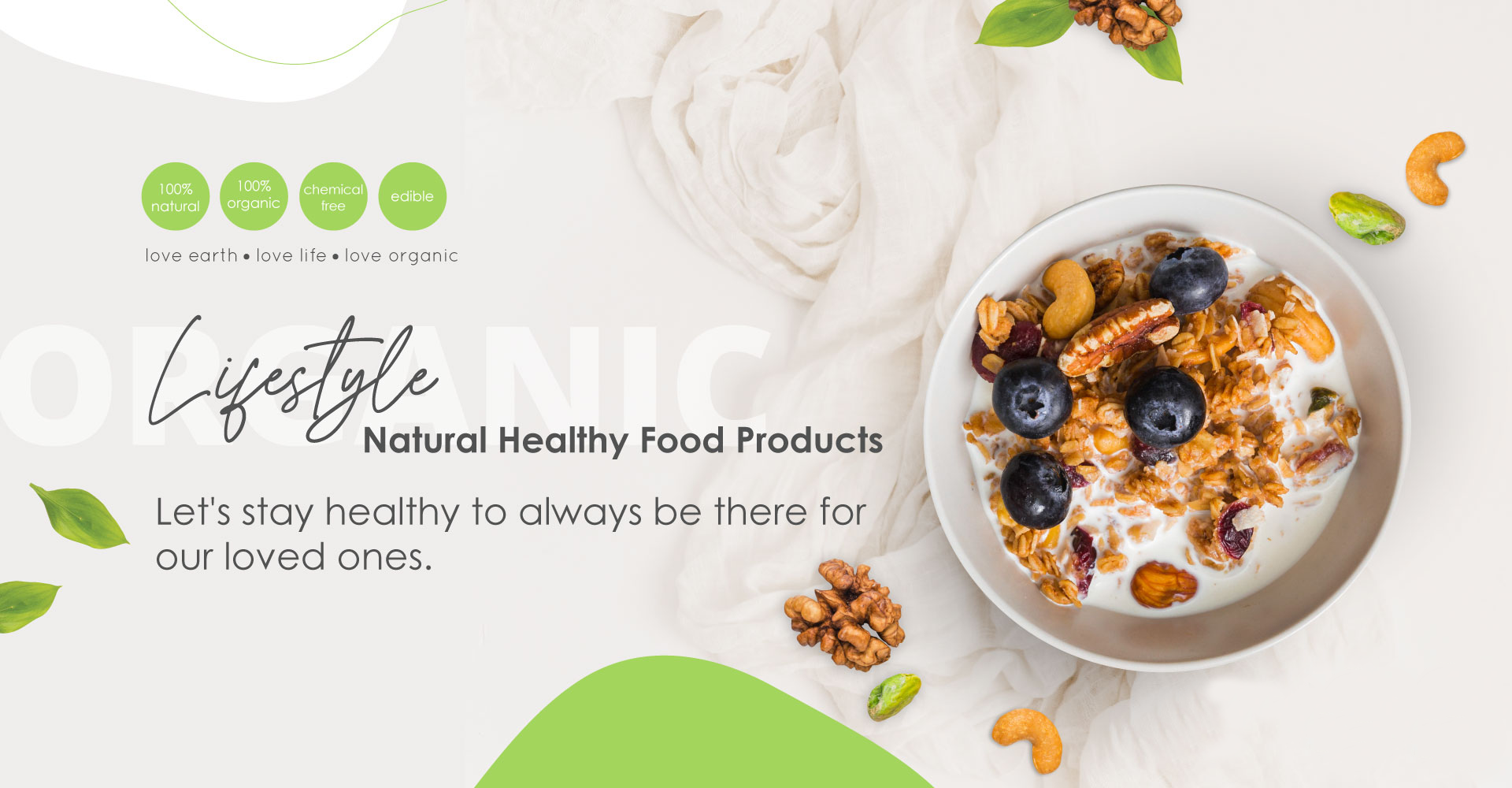 A bowl of organic granola with milk, blueberries, and nuts – promoting natural, chemical-free healthy eating lifestyle.